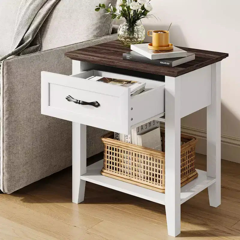 Table d'appoint avec tiroir, table de chevet pour espaces restreints, étagères de rangement à 2 niveaux avec commode, table de chevet pour salon, chambre à coucher, blanc