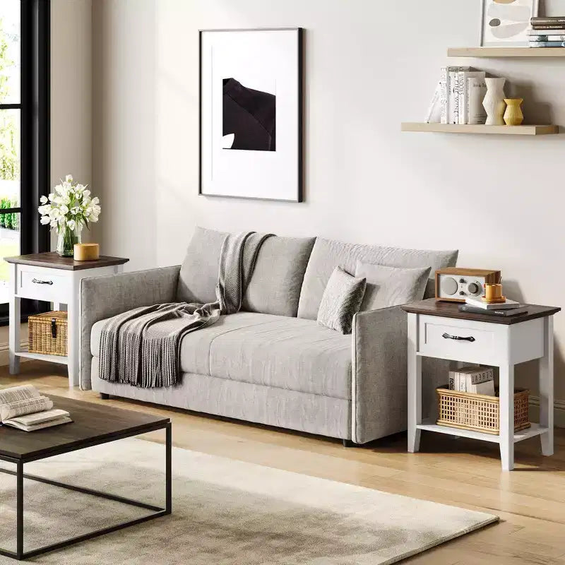 Table d'appoint avec tiroir, table de chevet pour espaces restreints, étagères de rangement à 2 niveaux avec commode, table de chevet pour salon, chambre à coucher, blanc