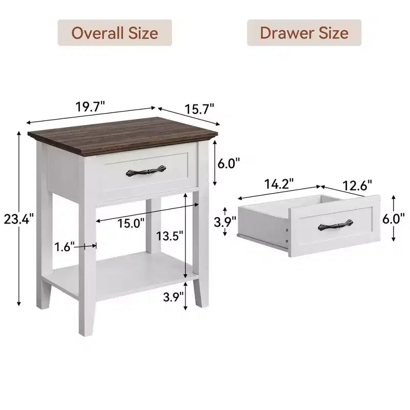 Table d'appoint avec tiroir, table de chevet pour espaces restreints, étagères de rangement à 2 niveaux avec commode, table de chevet pour salon, chambre à coucher, blanc